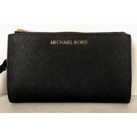 New Michael Kors Jet Set Travel Double zip wristlet Leather wallet Black / Gold - Picture 1 of 7